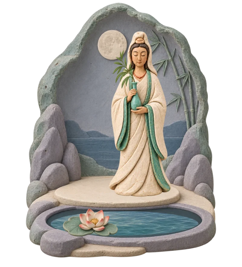 Guanyin's coastal grotto with a pale moon and lotus pond.