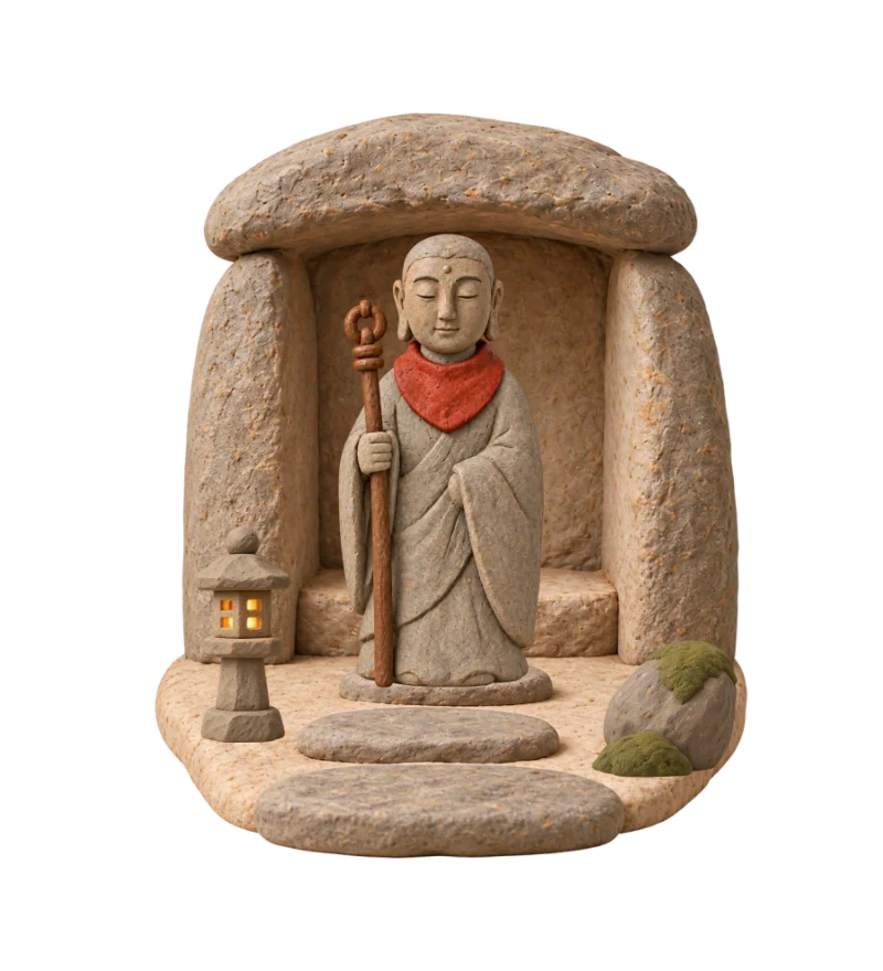 Jizō in a sheltered stone alcove beside a lantern.